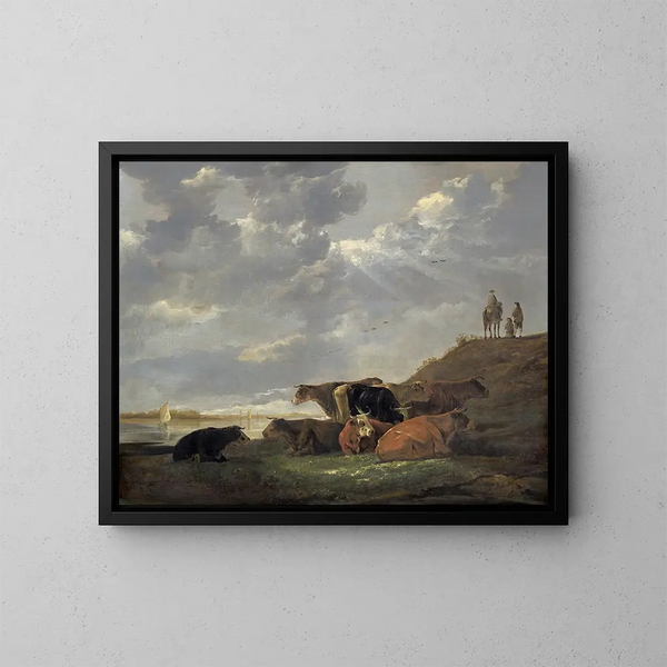 flodlandskap med kor - Aelbert Cuyp — inramlat konstverk på väggen