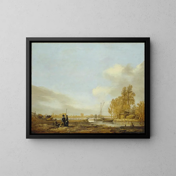 Landskapsflod med en träbro - Aelbert Cuyp — inramlat konstverk på väggen