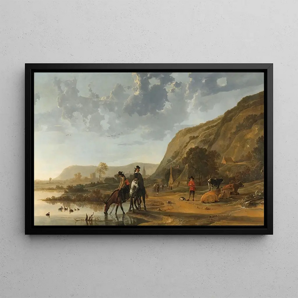 landskapsflod med ryttare - Aelbert Cuyp — inramlat konstverk på väggen