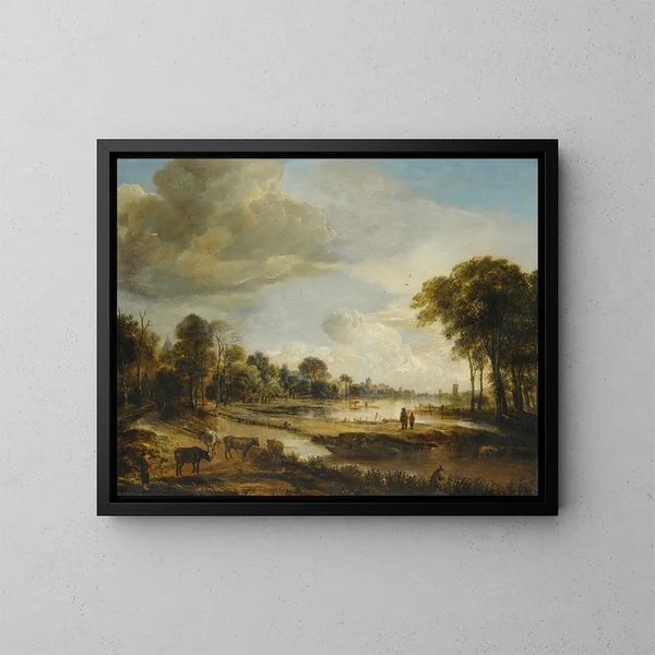 ett flodlandskap med figurer och boskap - Aert van der Neer — inramlat konstverk på väggen