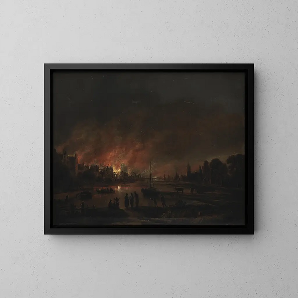 Brand i en by på natten - Aert van der Neer — inramlat konstverk på väggen