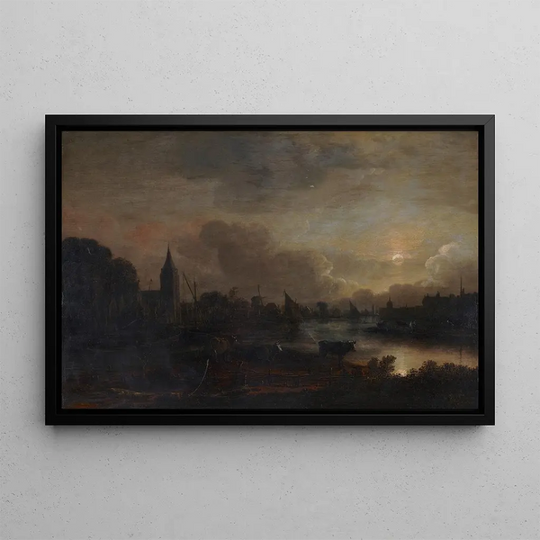 Landskapsbild i månsken - Aert van der Neer — inramlat konstverk på väggen