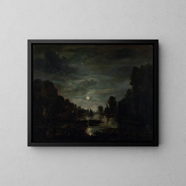 Landskapsflod vid månsken - Aert van der Neer — inramlat konstverk på väggen
