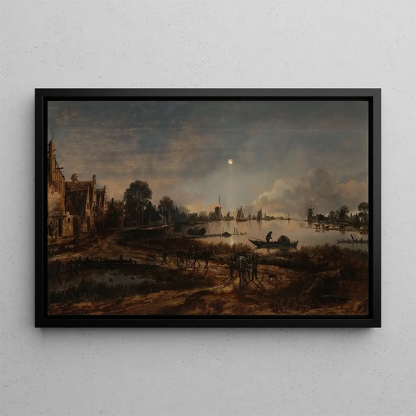 flodvy vid månsken - Aert van der Neer — inramlat konstverk på väggen