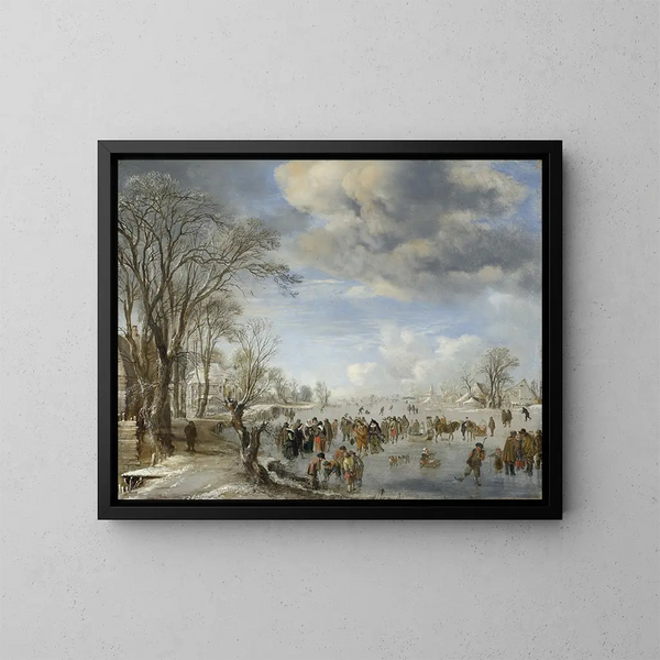 Vinter i Holland, scen av skridskoåkning - Aert van der Neer — inramlat konstverk på väggen