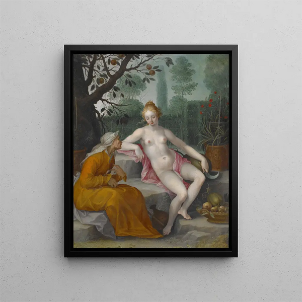 Vertumne och Pomone - Efter Abraham Bloemaert — inramlat konstverk på väggen