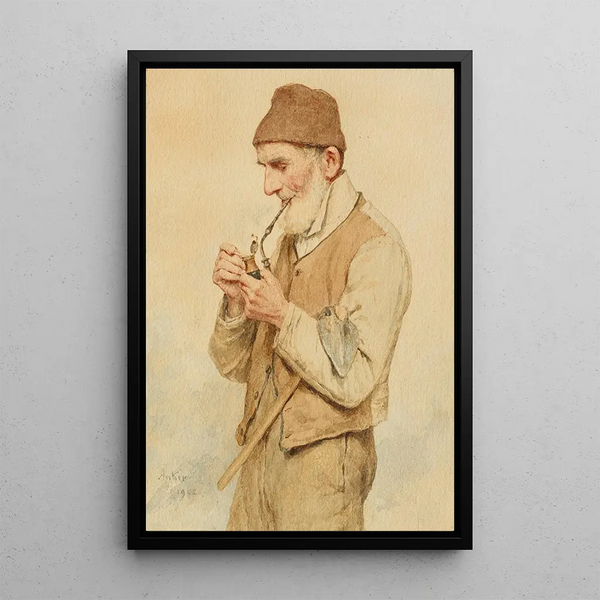 Reproduktion av målningen av bondgårdsbild som tänder en pipa - Albert Anker