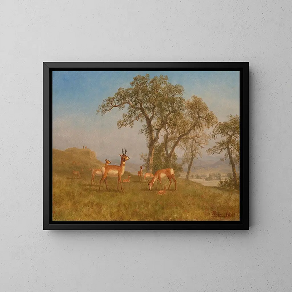 antilop som betar - Albert Bierstadt — inramlat konstverk på väggen