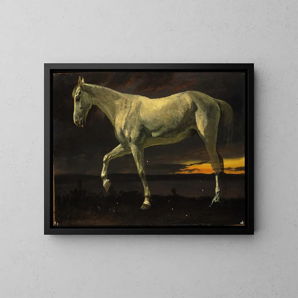 vit häst och solnedgång - Albert Bierstadt — inramlat konstverk på väggen