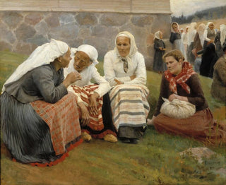 Kvinnor framför kyrkan i Ruokolahti - Albert Edelfelt — vy av konstverket