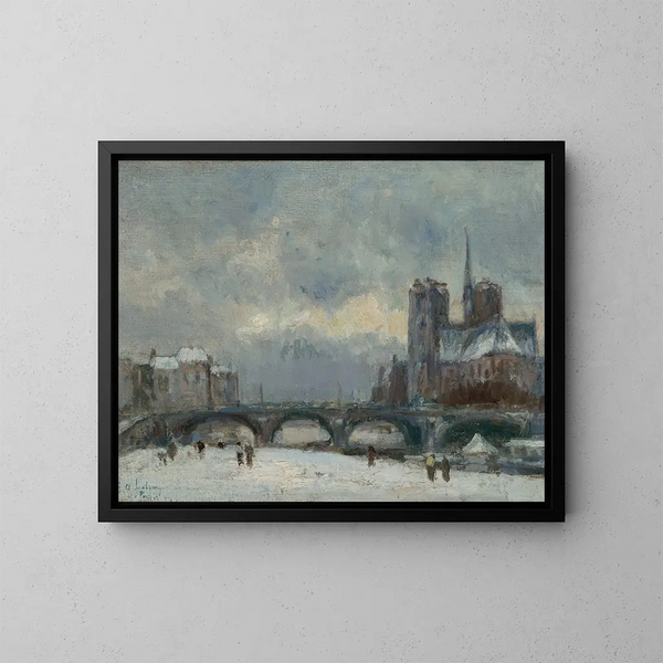 Paris Notre-Dame under snön - Albert Lebourg — inramlat konstverk på väggen