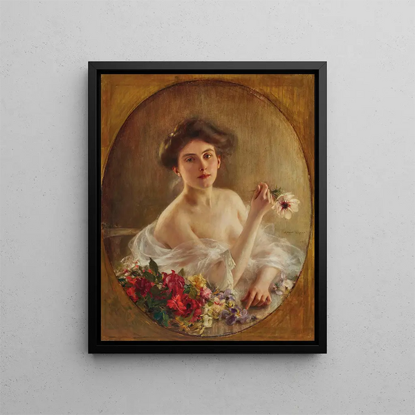 Porträtt av en ung kvinna med blommor - Albert Lynch — inramlat konstverk på väggen