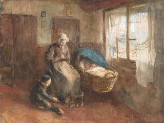 Albert Neuhuys - Interieur met een vrouw bij een wieg en een jongetje op de grond.webp