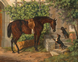 Albrecht Adam - A Saddled Bay Horse and Curious Dachshunds.webp