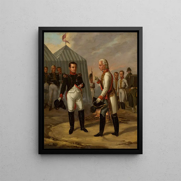 Napoleon och François II efter slaget vid Austerlitz - Aleksander Stankiewicz — inramlat konstverk på väggen