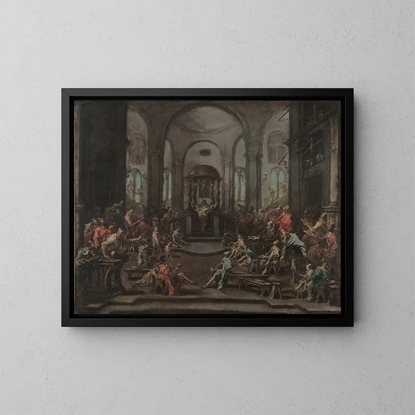ett interiör av en synagoga - Alessandro Magnasco — inramlat konstverk på väggen