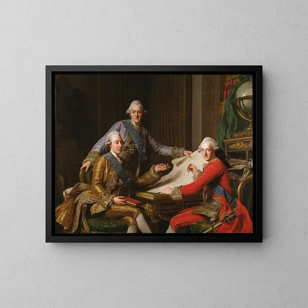 kung Gustaf III av Sverige och hans bröder - Alexander Roslin — inramlat konstverk på väggen