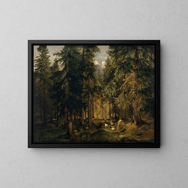 Skog i de höga bergen med ett getflock - Alexandre Calame — inramlat konstverk på väggen
