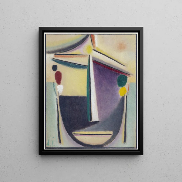 abstrakt huvud i svart, gult och lila - Alexej von Jawlensky — inramlat konstverk på väggen