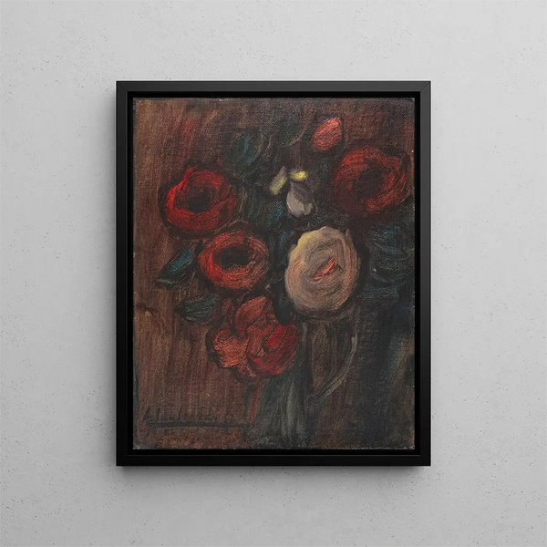 Stor målning av stilleben med grön kruka och pioner, bukett med mörkröda rosor - Alexej von Jawlensky — inramlat konstverk på väggen