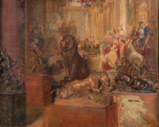 AlfredNicolas Martin - Salle de muse avec les sculptures de Barye devant une tapisserie.webp