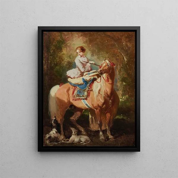 Alfred De Dreux - Amazone blonde regardant deux chiens et un cheval Alezan Clair.webp