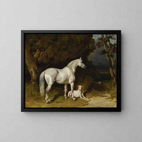 gråa stamtavla och greyhound - Alfred de Dreux — inramlat konstverk på väggen