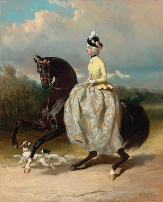 Alfred De Dreux - Femme En Costume Marie Antoinette Sur Un Cheval Caracolant.webp