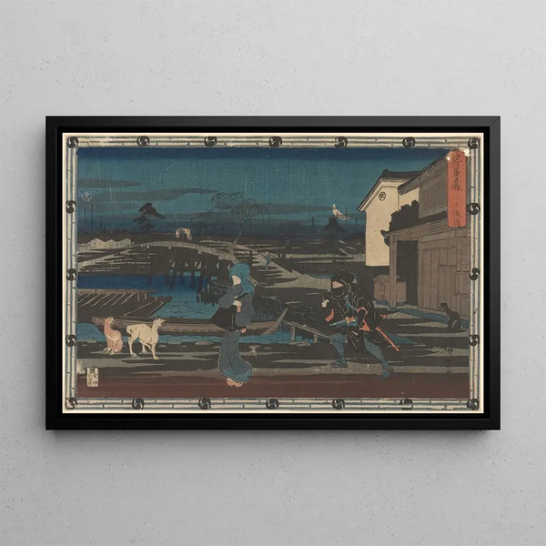 Nattattacken av Chushingura Honzo - Andō Hiroshige — inramlat konstverk på väggen