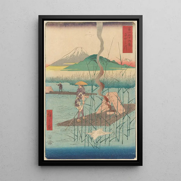 Reproduktion av målningen Radeau Shoshiyu bland vassarna - Andō Hiroshige