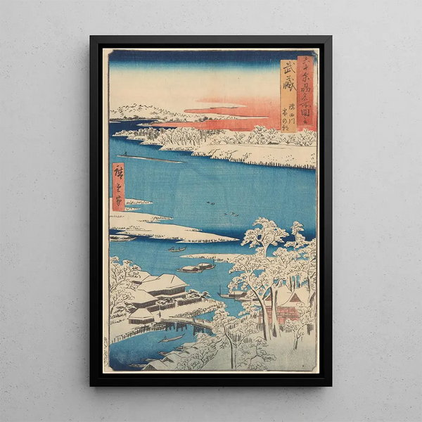 Reproduktion av målningen Snölandskap vid floden Islet - Andō Hiroshige