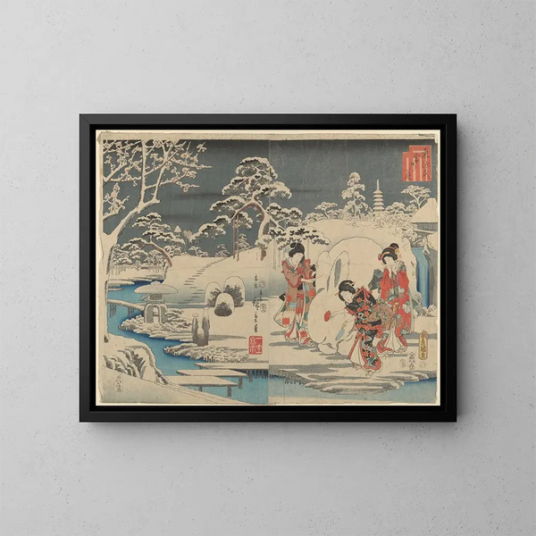 Tre kvinnor som gör en snögubbe i en trädgård - Andō Hiroshige — inramlat konstverk på väggen