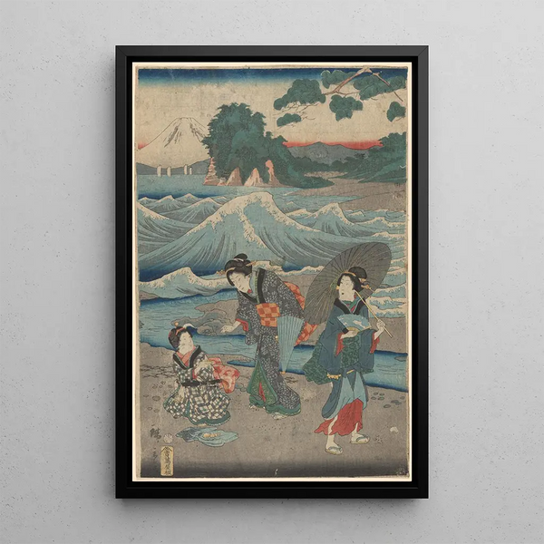 Tre kvinnor och vågor - Andō Hiroshige — inramlat konstverk på väggen
