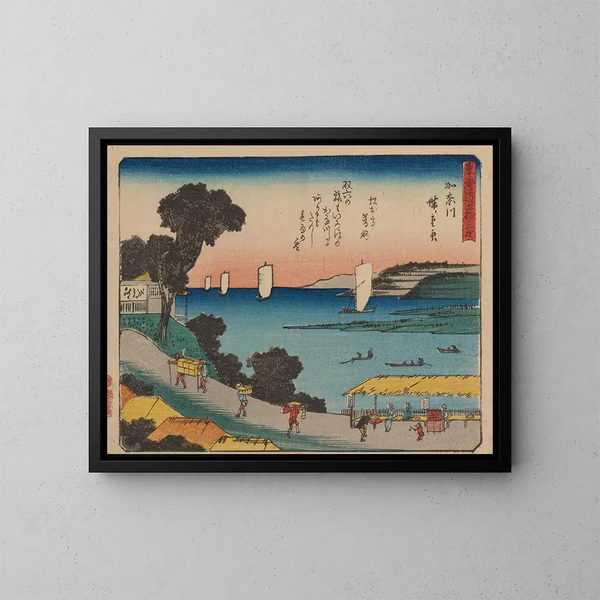 Tokaido, femtio-tre stationer, plan 04 - Andō Hiroshige — inramlat konstverk på väggen