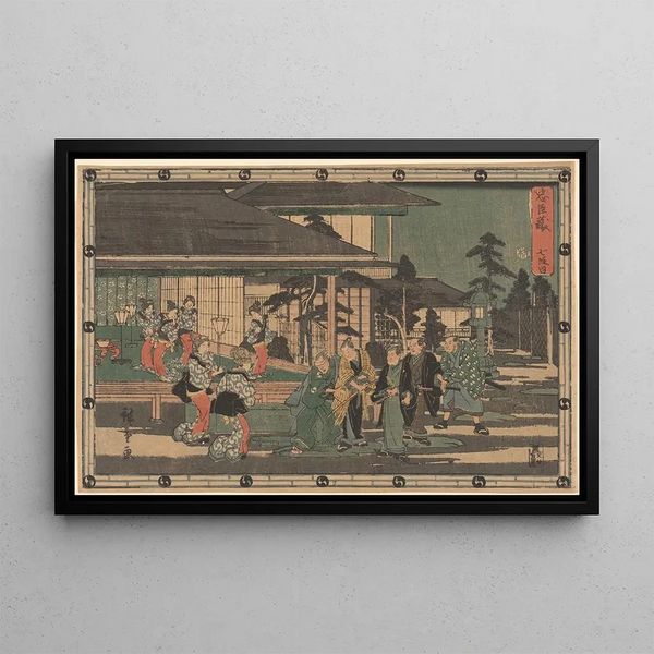 Yoshiwara Cinq Ronin Six Femmes - Andō Hiroshige — inramlat konstverk på väggen