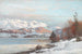 vinterlandskap med morgonljus över bergen i bakgrunden, utsikt över Alperna - Anders Andersen-Lundby — vy av konstverket