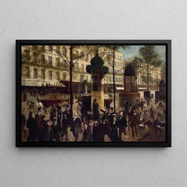 Skiss för ett panorama av boulevard Montmartre fyllt av samtida parisiska personligheter - André Gill — inramlat konstverk på väggen