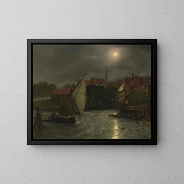 Båtar på en kanal i månljus - Andreas Achenbach — inramlat konstverk på väggen