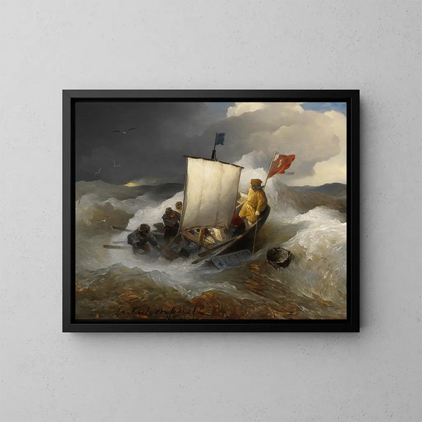 fiskebåt på ett stormigt hav - Andreas Achenbach — inramlat konstverk på väggen