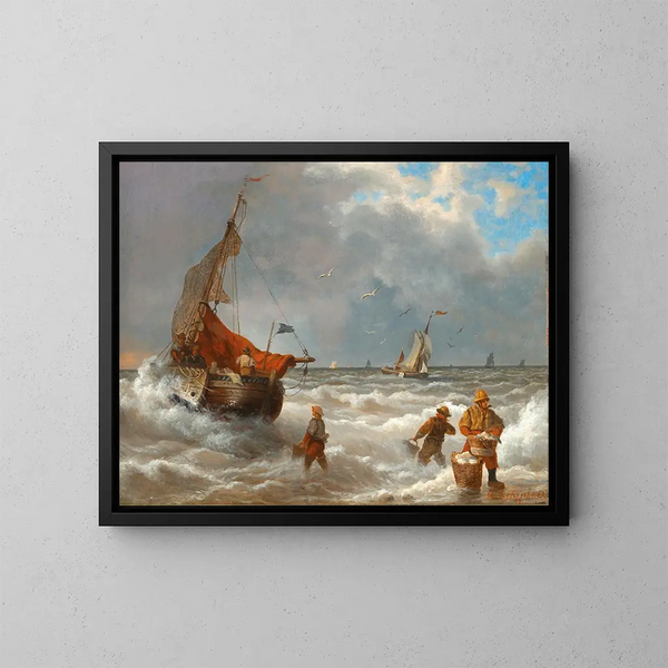 Fiskare vid stranden - Andreas Achenbach — inramlat konstverk på väggen