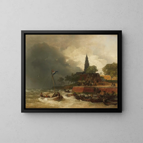 holländsk hamn under stormen - Andreas Achenbach — inramlat konstverk på väggen