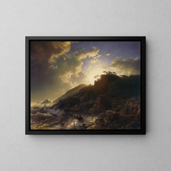 Solnedgång efter en storm på Siciliens kust - Andreas Achenbach — inramlat konstverk på väggen