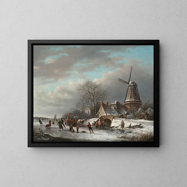 Patineurs sur une voie d'eau néerlandaise près d'un moulin à vent - Andreas Schelfhout — inramlat konstverk på väggen