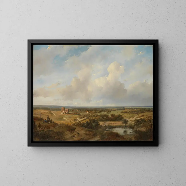 Vue des dunes avec les ruines du château de Brederode près de Santpoort - Andreas Schelfhout — inramlat konstverk på väggen