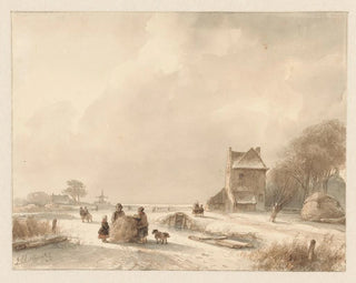 Andreas Schelfhout - Winterlandschap met hooislee en schaatsers.webp