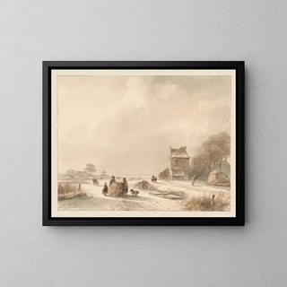 Andreas Schelfhout - Winterlandschap met hooislee en schaatsers.webp