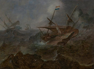 Andries van Eertvelt - A Dutch merchant in rough seas off a headland.webp