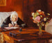 Ane Hedvig Brndum sittande vid sitt skrivbord i det röda vardagsrummet - Anna Ancher — vy av konstverket