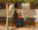 Skagen-flickan med lilla Helga Ancher framför ett kalkputsat hus under solen - Anna Ancher — vy av konstverket
