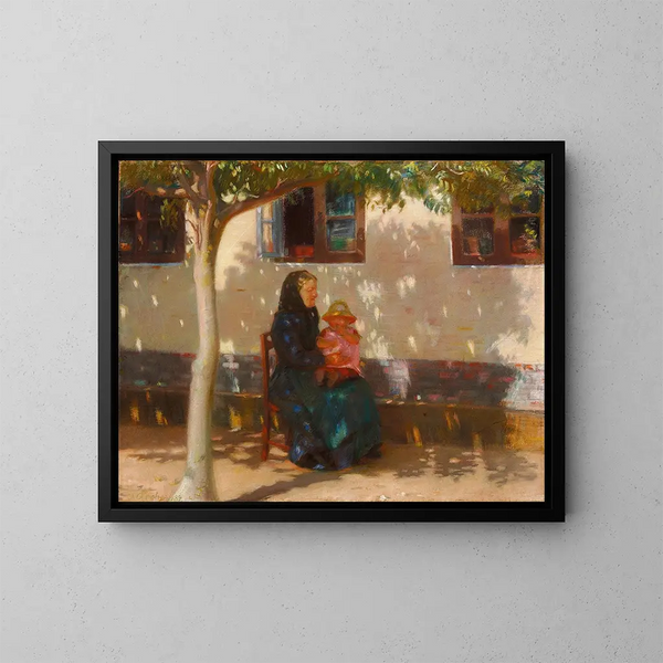 Skagen-flickan med lilla Helga Ancher framför ett kalkputsat hus under solen - Anna Ancher — inramlat konstverk på väggen